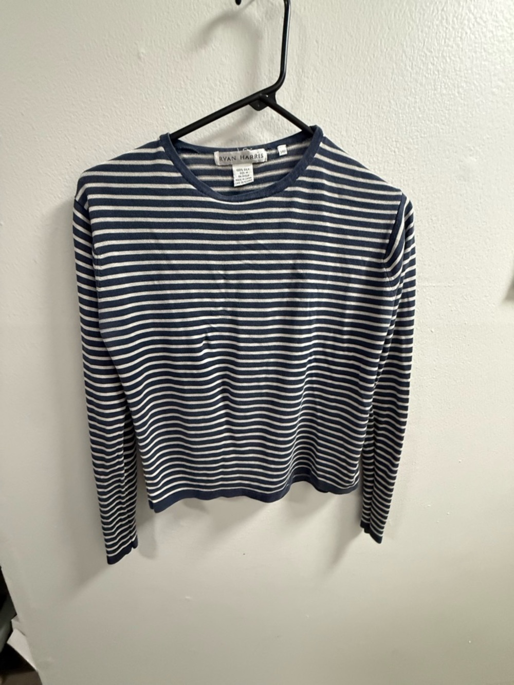 Ryan Harris 100% Silk, Navy & Cream Striped Long Sleeve